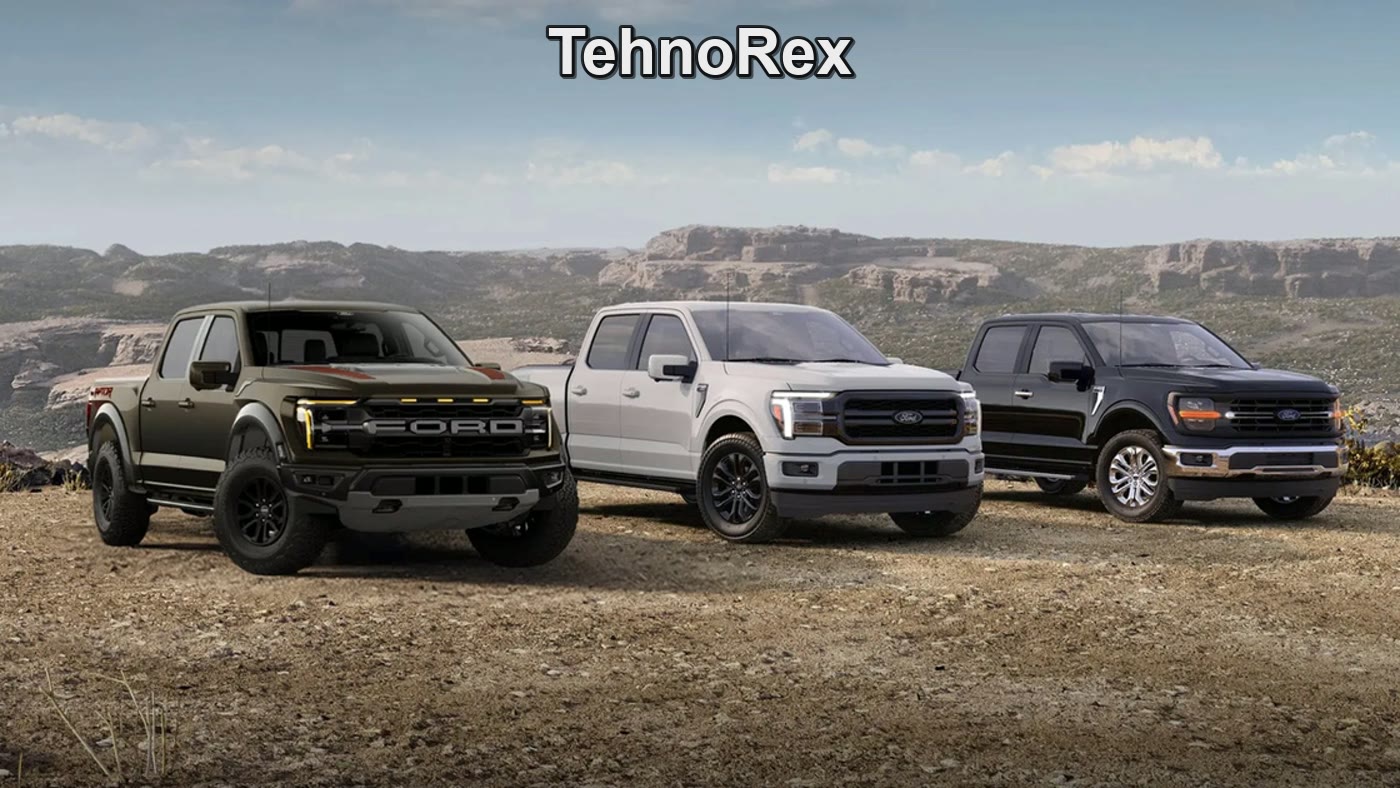 Три пикапа Ford F-150 на фоне каньона, пресс-кадр линейки