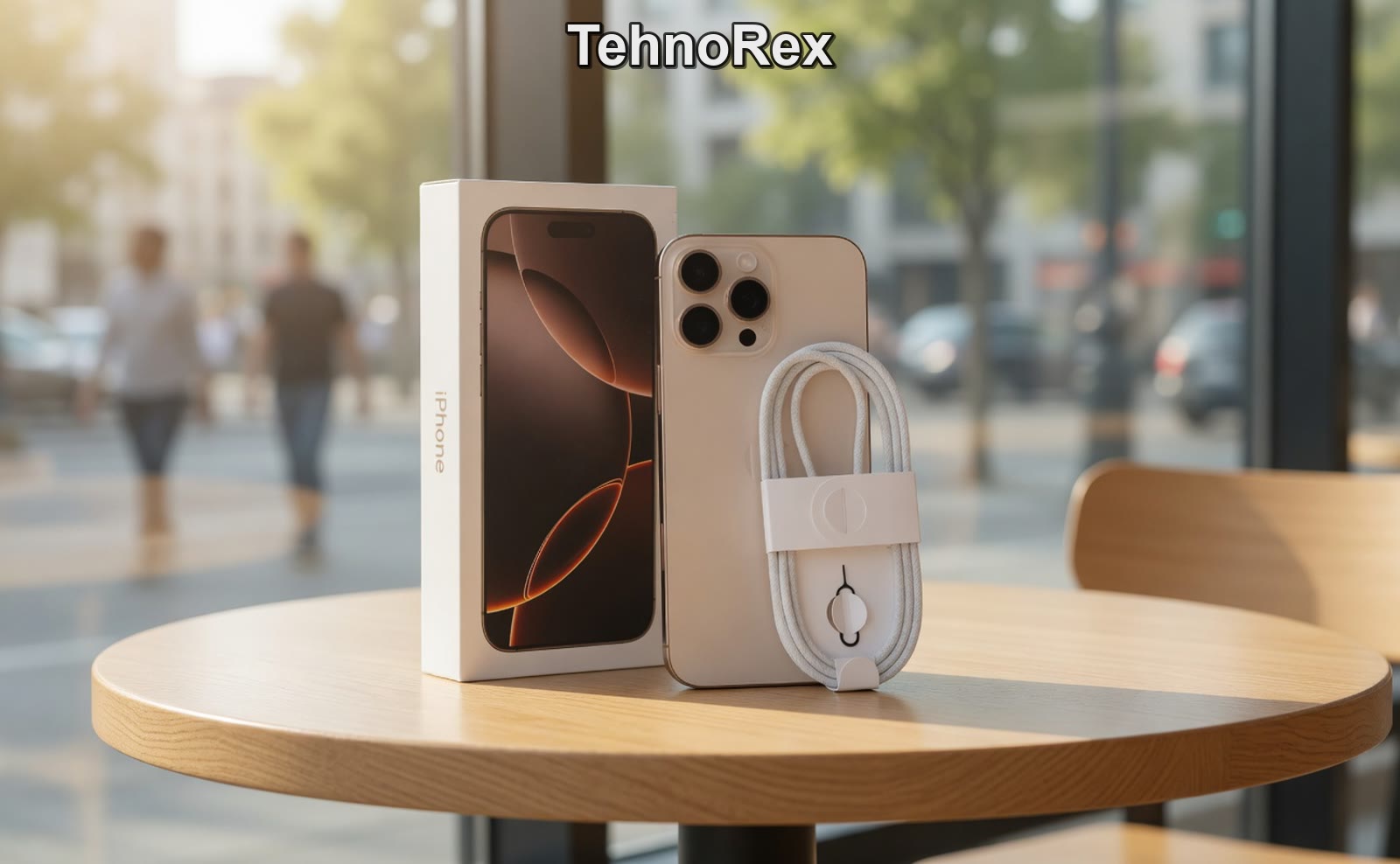 iPhone 16 Pro Max с коробкой и кабелем на столе
