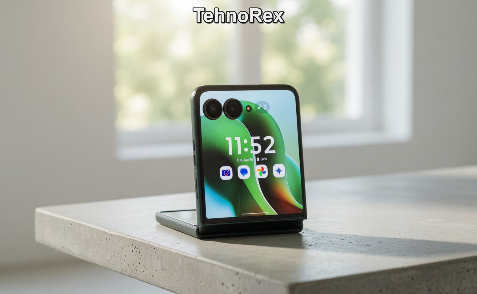 Motorola Razr 60 Ultra в раскрытом виде на подставке