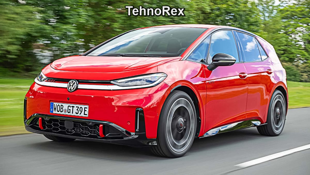 Volkswagen ID.3 GTI в движении, вид спереди и сбоку