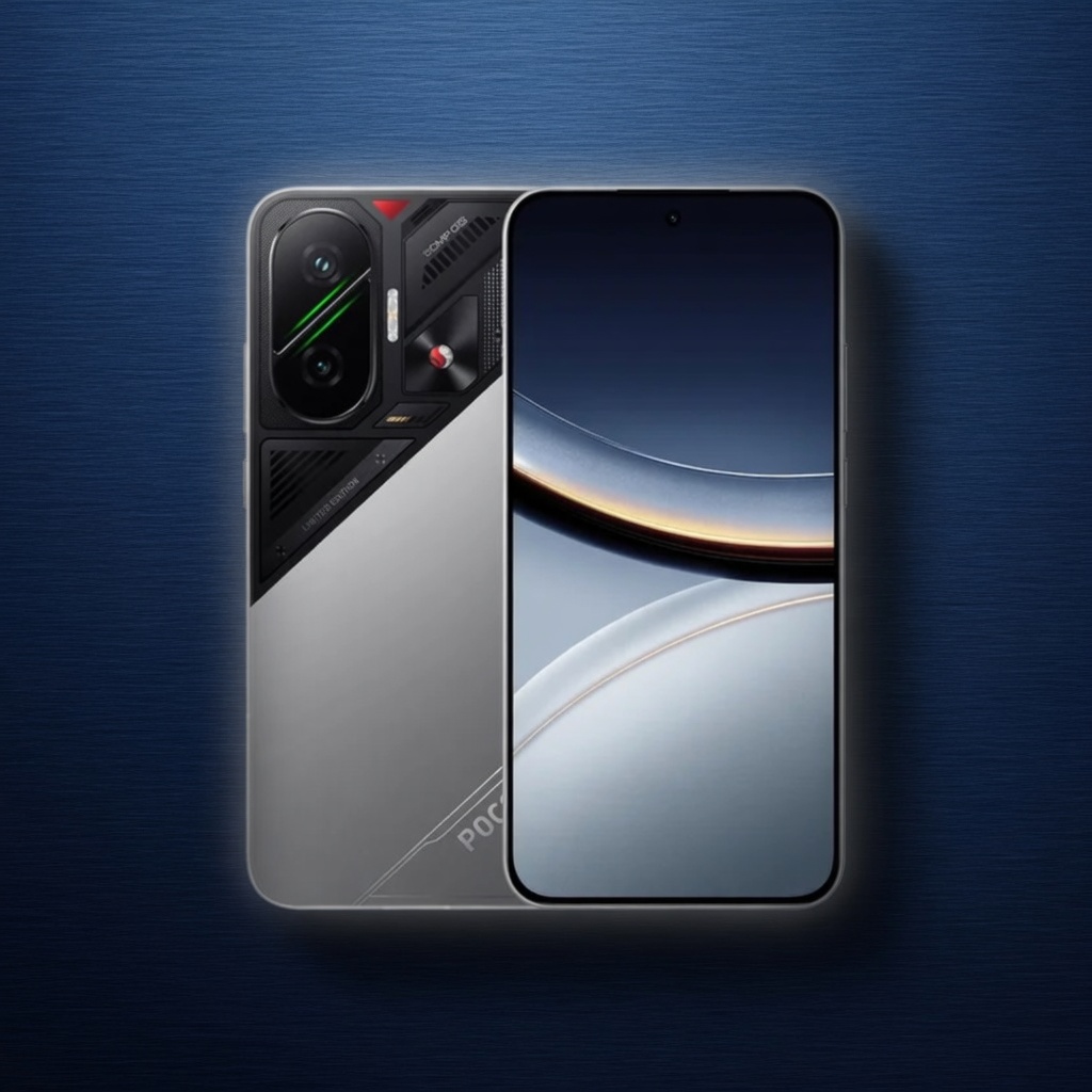 POCO F7 на синем фоне