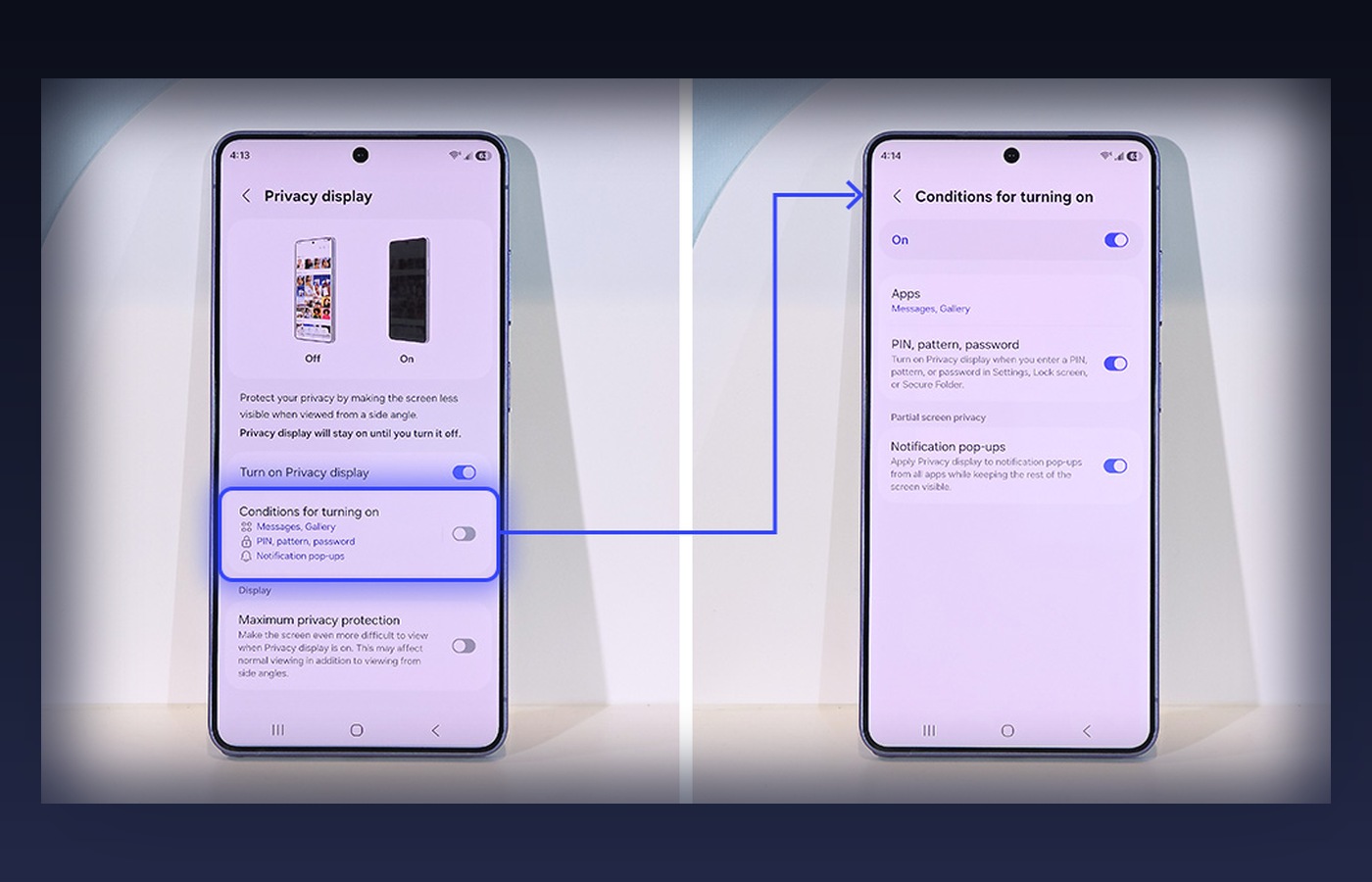 Galaxy S26 Ultra и экран настройки приватного дисплея, официальное фото Samsung