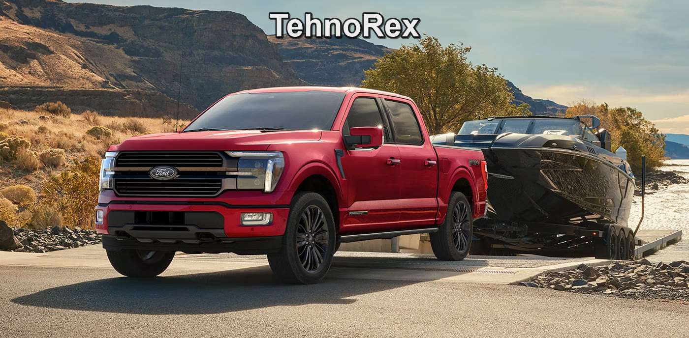Красный Ford F-150 буксирует катер у воды