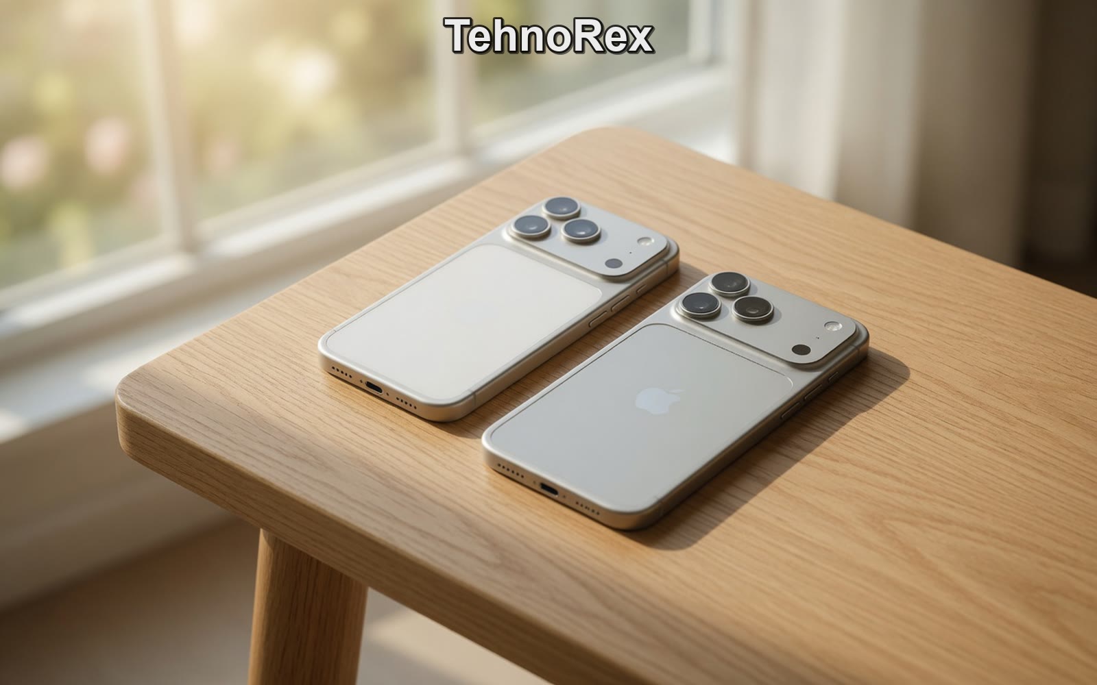 Два iPhone 17 Pro в разных цветах на деревянной поверхности