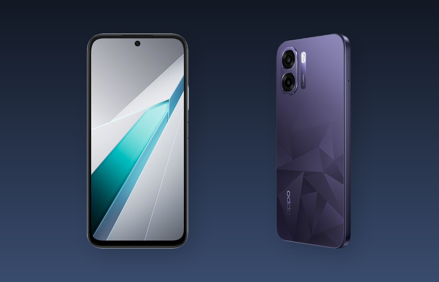 Oppo K15x в цветах Prism Purple и Glacier White, вид со стороны задней панели