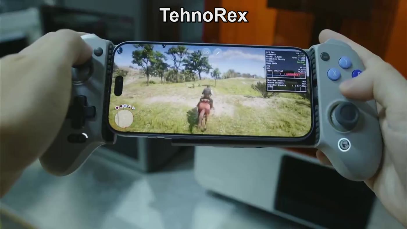 iPhone 18 Pro в геймпаде с запущенной игрой Red Dead Redemption 2