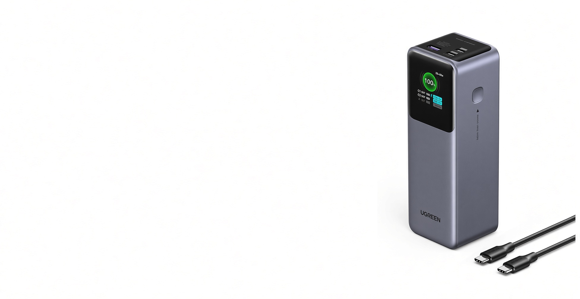 Ugreen Nexode 25 000 мА·ч 200 Вт с TFT-экраном и двумя кабелями в комплекте