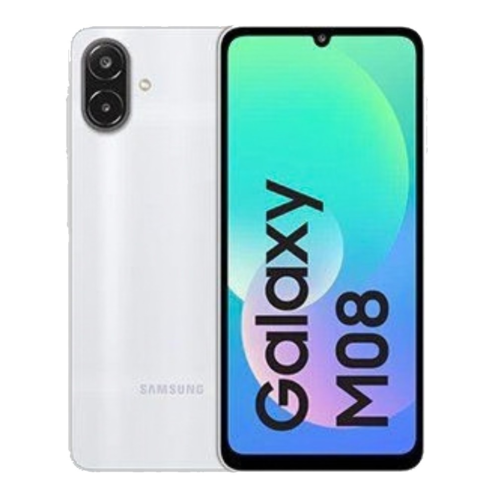 Samsung Galaxy M08: вид спереди и сзади, белый корпус