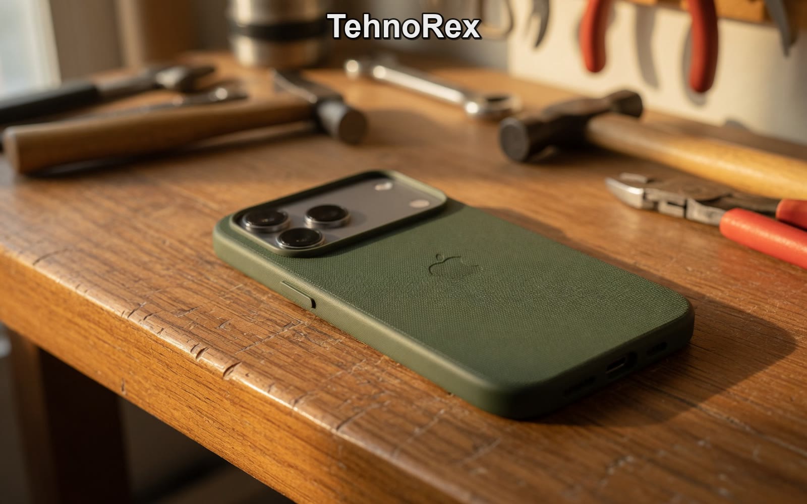iPhone 17 Pro в зелёном чехле на деревянном столе