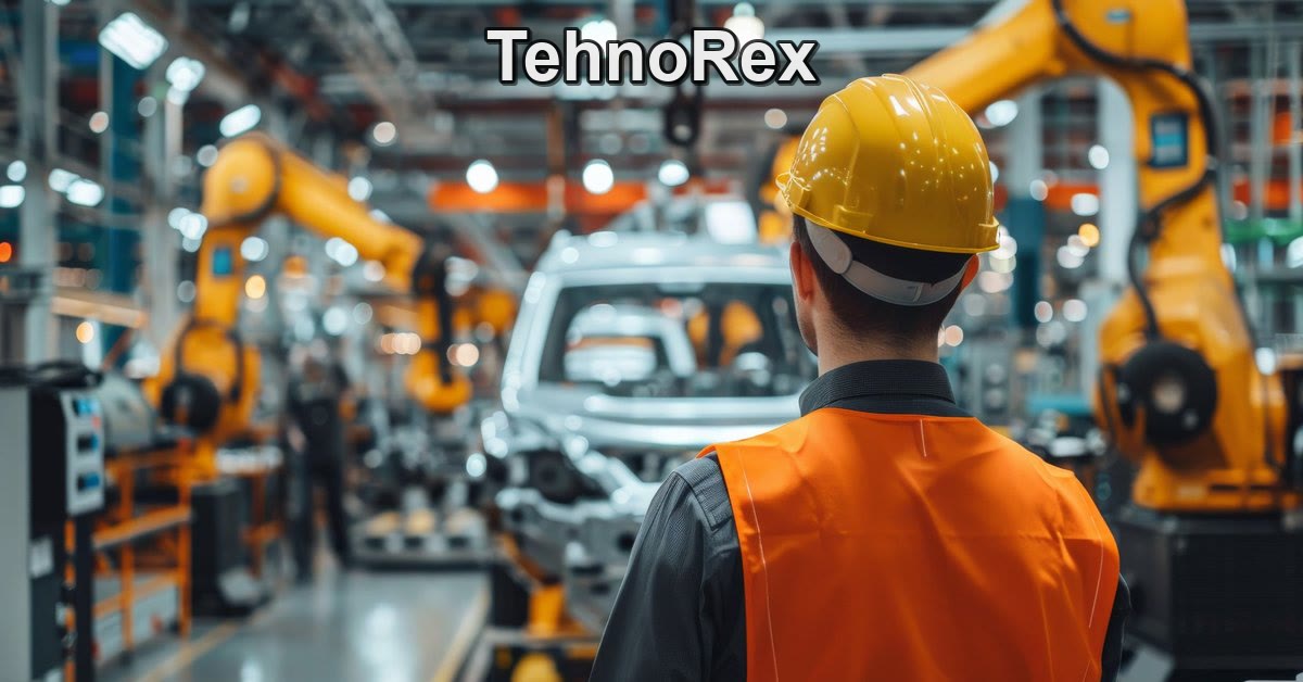Работник автомобильного завода в каске на фоне роботизированной линии