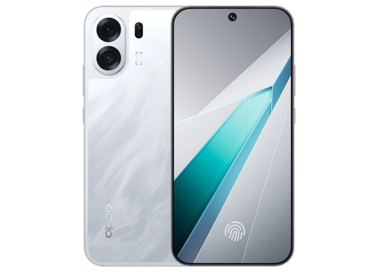 Oppo K14 Plus в белом и оранжевом цветах, спереди и сзади