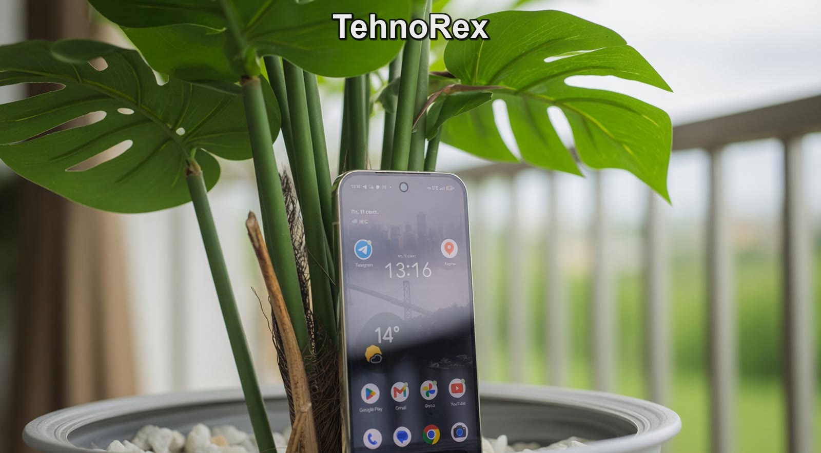 Google Pixel 11 Pro стоит в горшке с монстерой на балконе