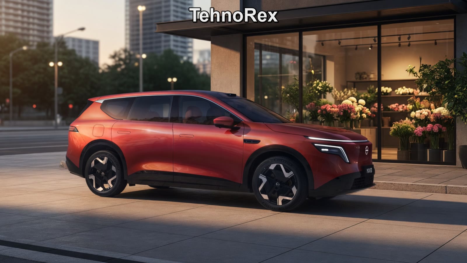 Красный электрический кроссовер Nissan NX8 у витрины, вид сбоку