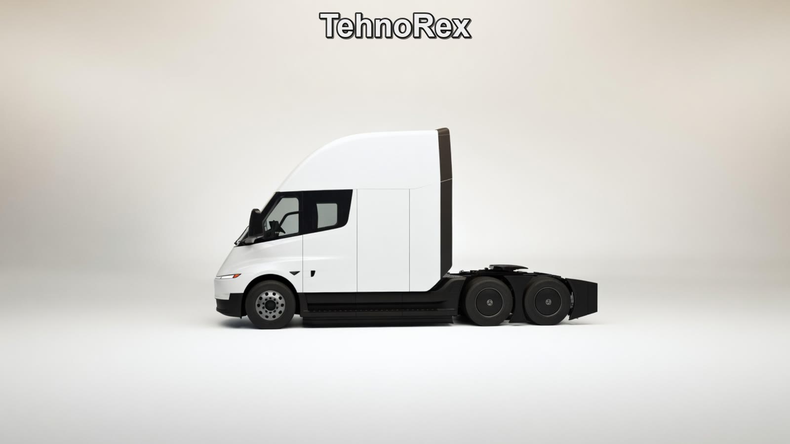 Tesla Semi в профиль на белом фоне, кабина и ведущие оси