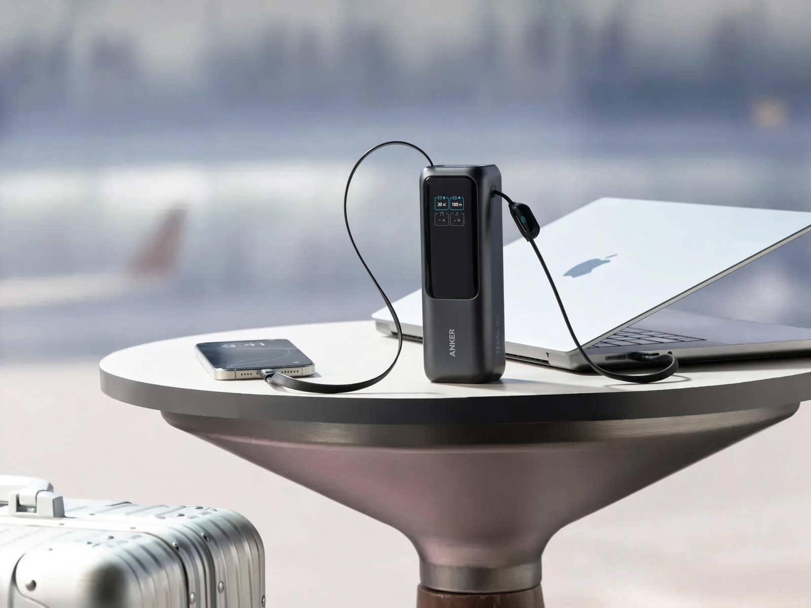 Anker 165 Вт одновременно питает смартфон и ноутбук встроенными кабелями