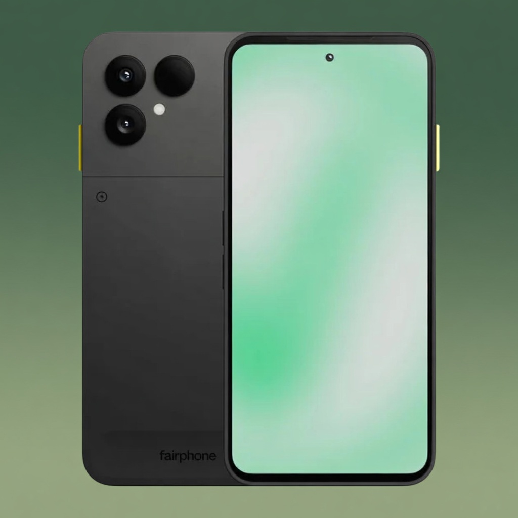 Fairphone 6 на тёмно-зелёном фоне