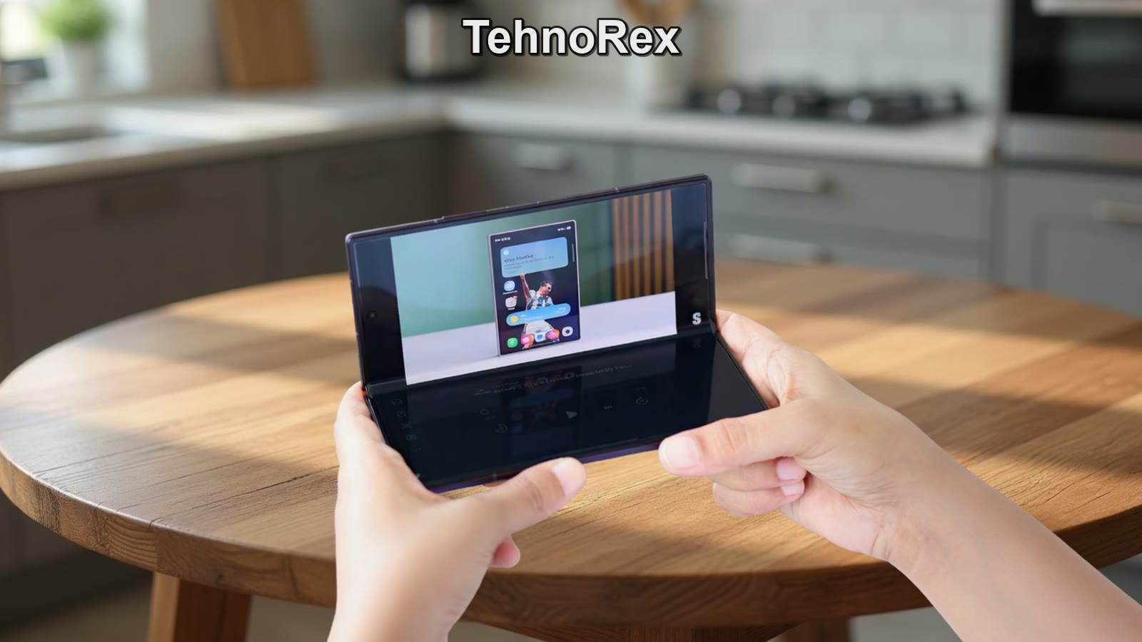 Samsung Galaxy Z Fold8 Ultra в режиме Flex с видео на столе