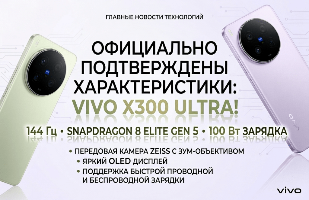 Vivo X300 Ultra: официальные характеристики, 144 Гц дисплей, Snapdragon 8 Elite Gen 5, 100 Вт